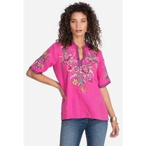 Johnny Was Jessica Easy V-Neck Top in pink 100% linen with floral embroidery XS